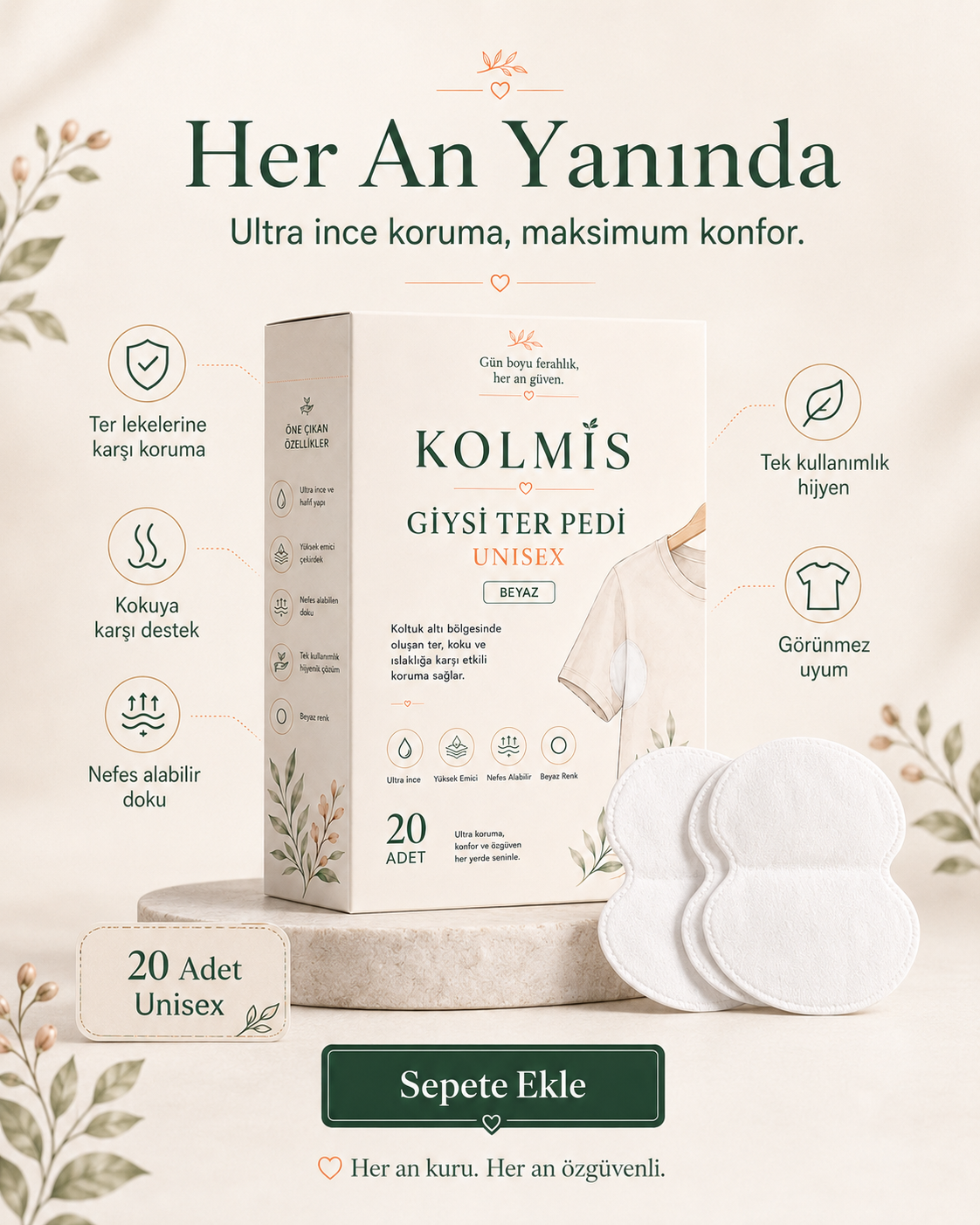 KolMis Koltuk Altı Ter Pedi – Unisex, 20 Adet
